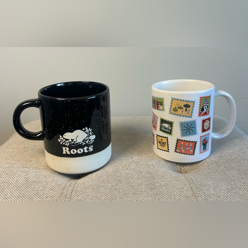 Roots Canada Black White Speckle Ceramic Beaver Coffee Mug & Balzacs Stamp Mug